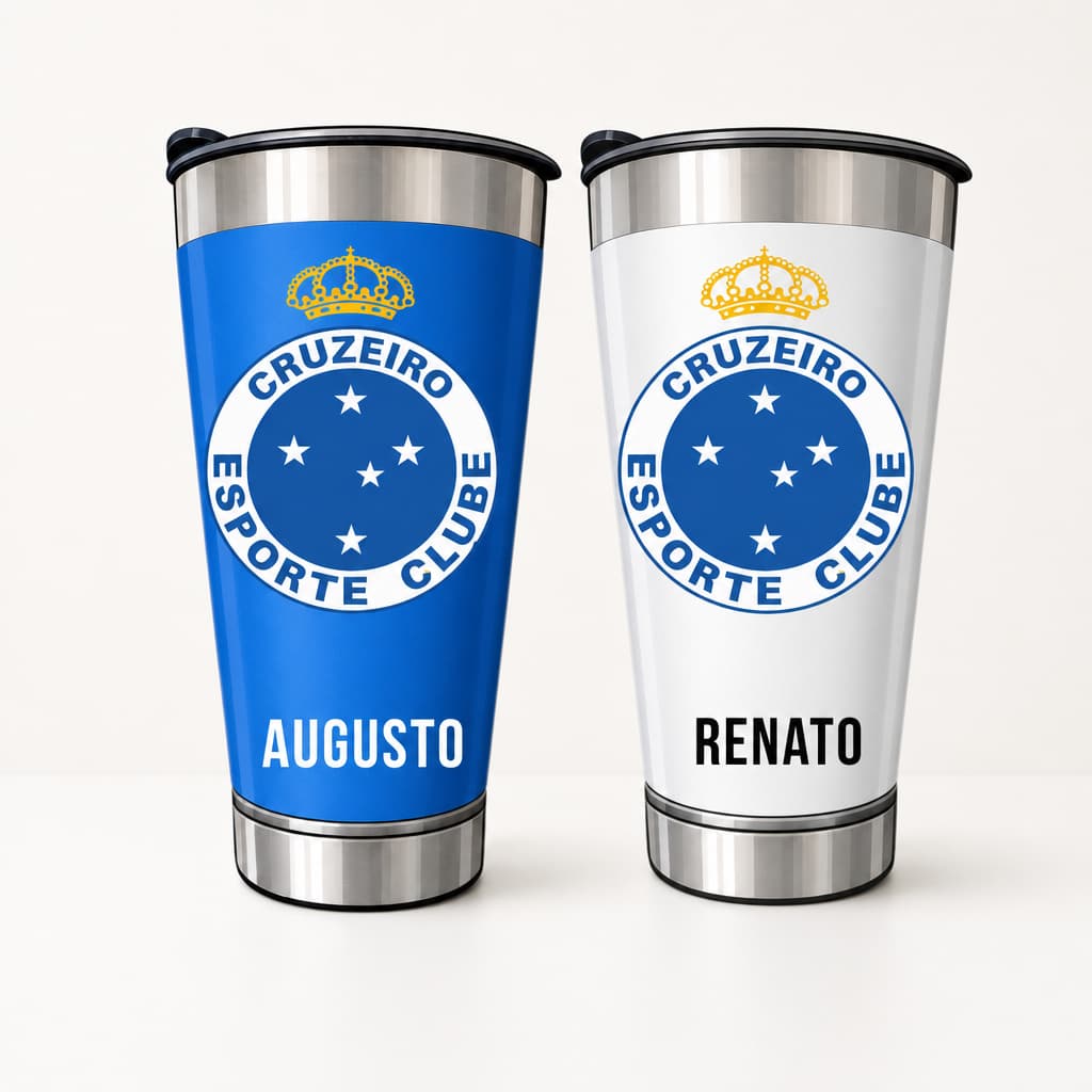 Copo Térmico Inox 473ml Personalizado Cruzeiro – Nome + Escudo | Presente Dia dos Pais
