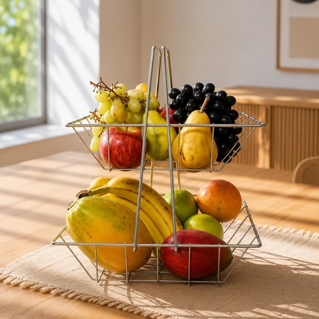 Fruteira de Mesa Dupla para Bancada 2 Andares Cestos Retangular Design Moderno Águia de Aramados