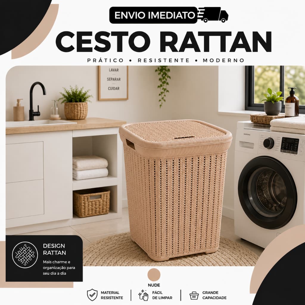 Cesto Rattan 50 Litros Nude com Tampa Organizador para Roupas e Objetos multiuso