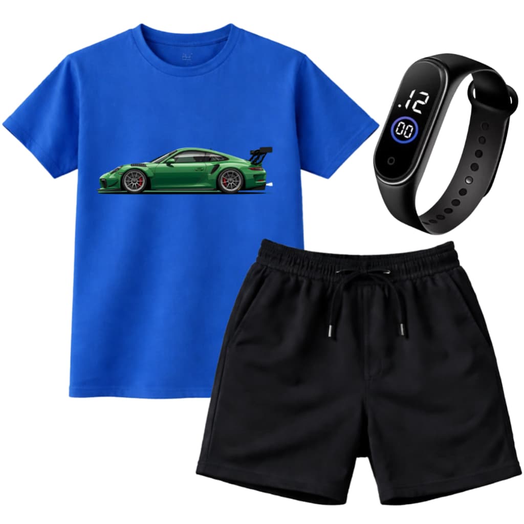 Kit Conjunto Infantil Masculino Camiseta Carro Esportivo + Short Moletom + Relógio de Brinde