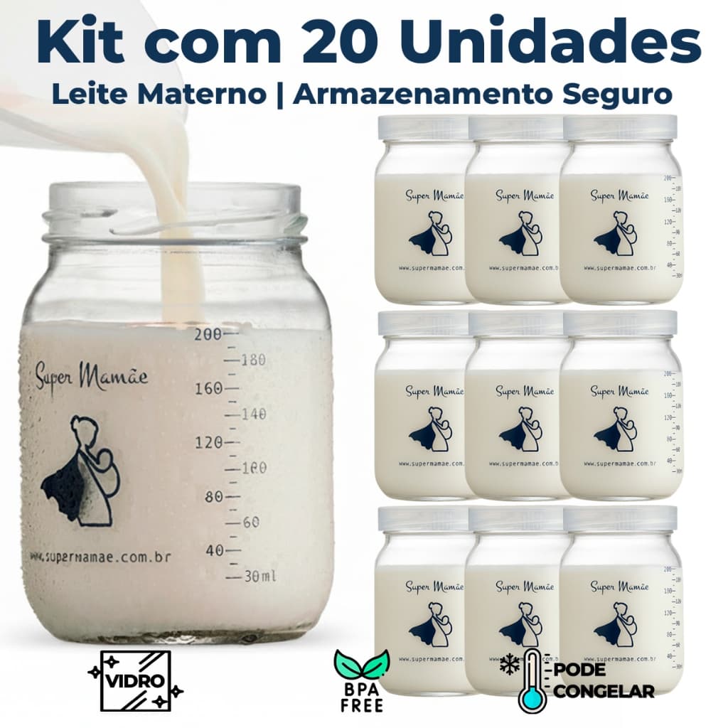 Kit 20 Potes de Vidro 200ml para Armazenar Leite Materno – Tampa Plástica BPA Free