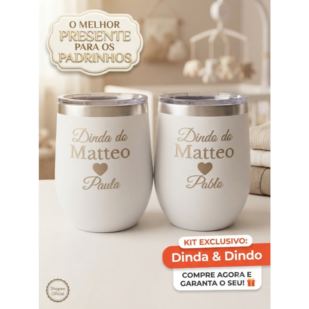 Kit 2 Copos Cuia Térmico Tampa Personalizado Padrinhos Batismo 360ml Aço Inox