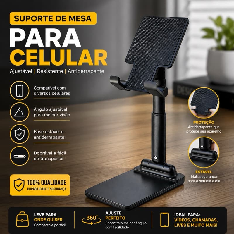Suporte para Celular e Tablet de Mesa Regulável Dobrável Base Antiderrapante Universal para Home Office e Estudos