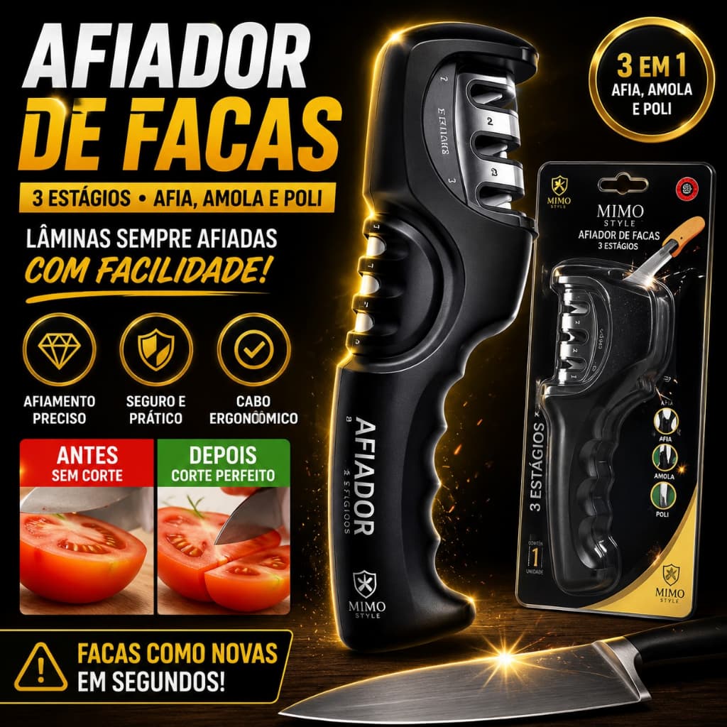 Afiador Facas Premium Manual Inox Preto Três Estágios Kit Profissional