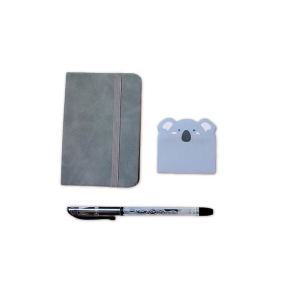 Caderno A7 Capa Sintética Cinza + Caneta Gel + Bloco Adesivo Coala - Kit Papelaria 3 Peças