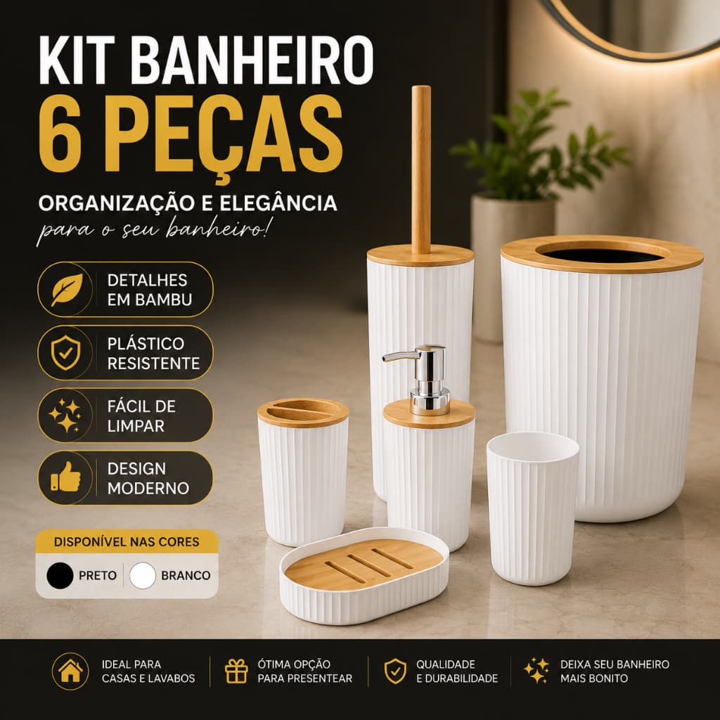Kit Banheiro 6 Peças Bambu Jogo de Banheiro Porta Sabonete Porta Escova Lixeira Saboneteira Preto Branco