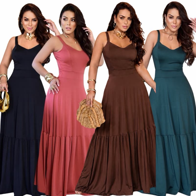 Vestido Longo Feminino Liso Alça Tecido Malha Romantic Conforto e Elegancia Moda Verão
