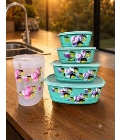 jogo de potes 5 peças com jarra decorado,potes de plástico com jarra decorado