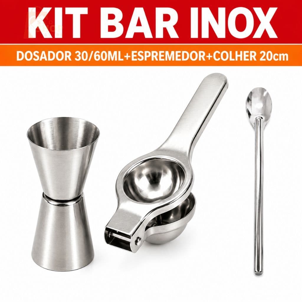 Kit Bar Inox Dosador 30/60ml + Espremedor + Colher 20cm Para Caipirinhas e Drinks em Casa ou Bar