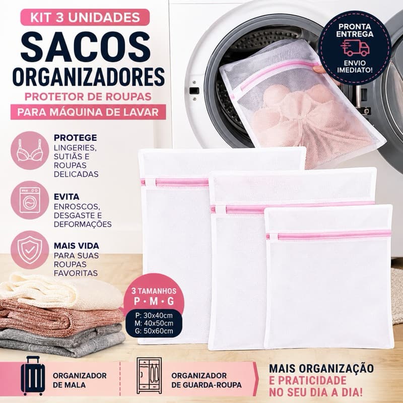 Kit 3 Sacos Lavar Roupa Intima Delicada Com Zíper 3 Pçs (P M G) / Organizador de Mala