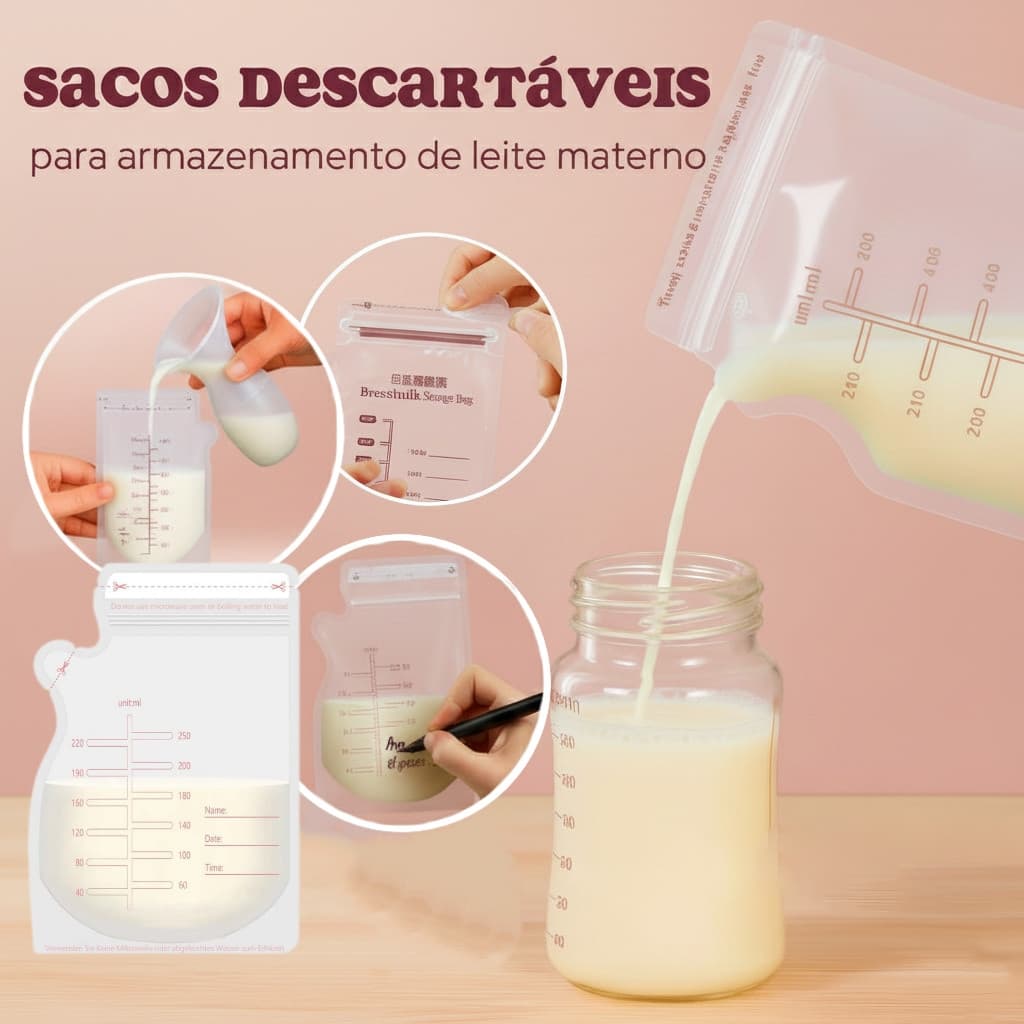 Kit 30 Sacos Coletor de Leite Materno 250ml Descartável com Escala de Medição Congelador