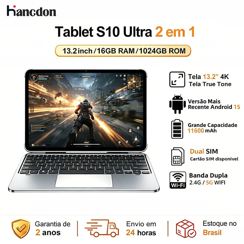 Hancdon Tab S10 Ultra--2 em 1 | Tela 13.2" 120Hz FHD | 16GB RAM + 1TB | Snapdragon | 5G Dual Chip | Bateria 11600mAh