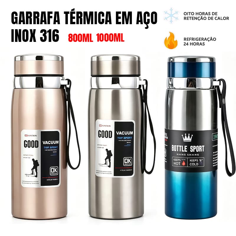 Garrafa 800ml/1000ml Inox Térmica Com Infusor Prata Dourada azul Com Alça Água Café