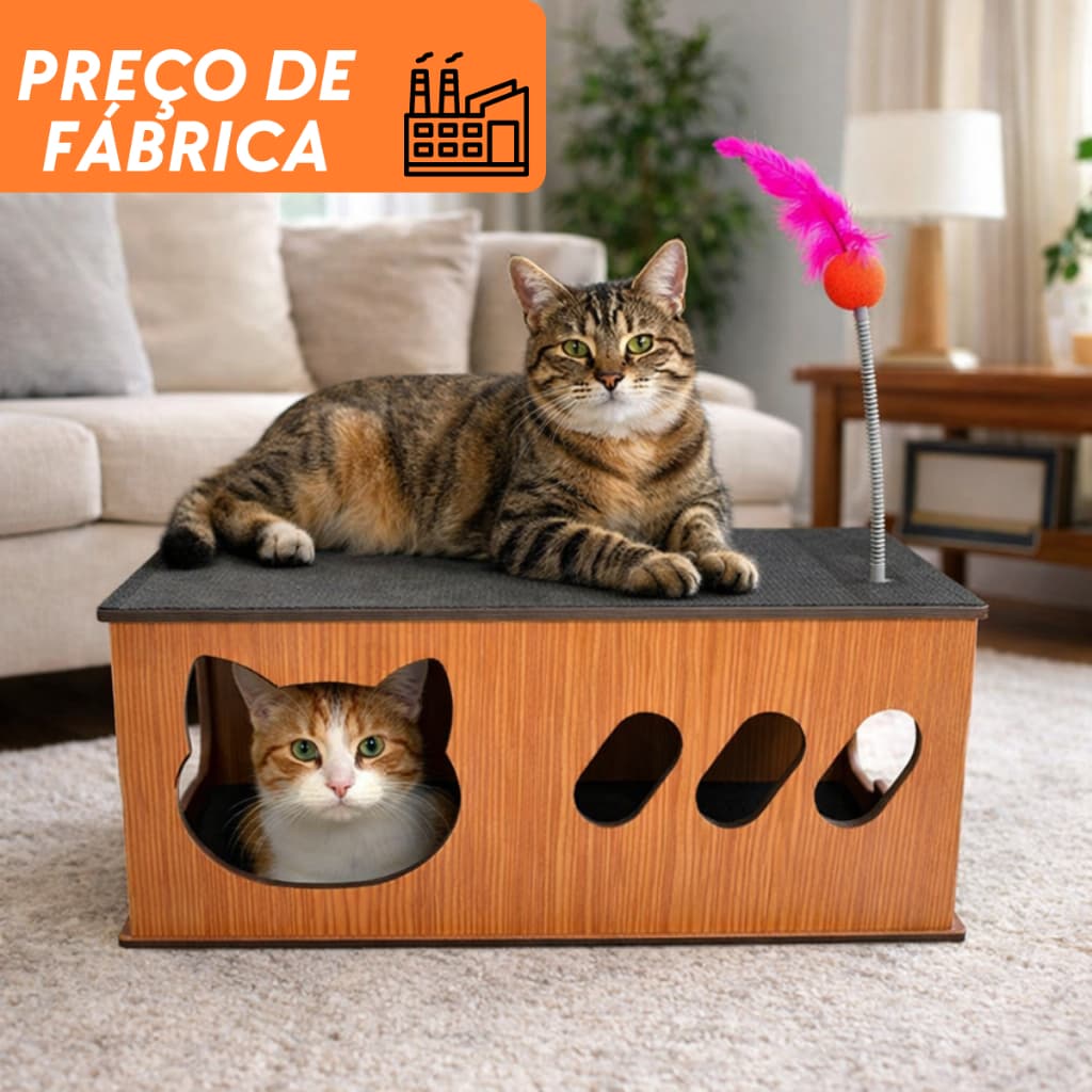 Túnel para Gato com Arranhador em Carpete e Brinquedo Interativo
