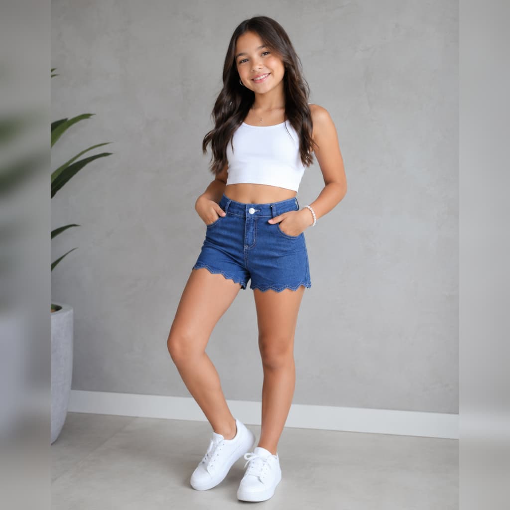 Shorts Jeans Infantil Feminino Cintura Alta Barra Ondulada Casual Premium