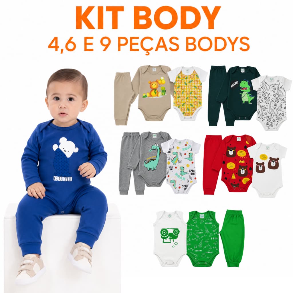 Kit Body Bebê Manga Curta + Calça 6 9 12 Peças Menino 100% Algodão Enxoval Infantil