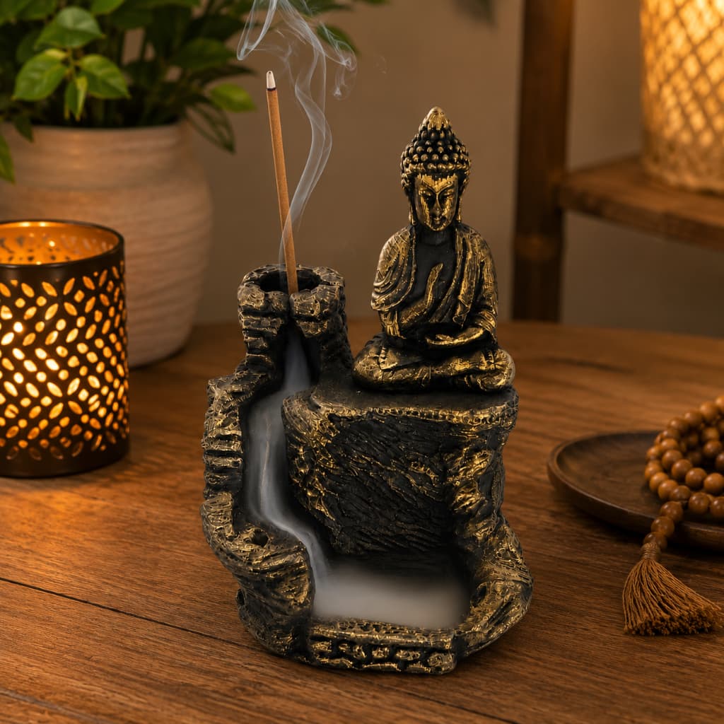 Incensário Buda Efeito Cascata Fumaça Gesso Decoração Casa Meditação Relaxa Backflow