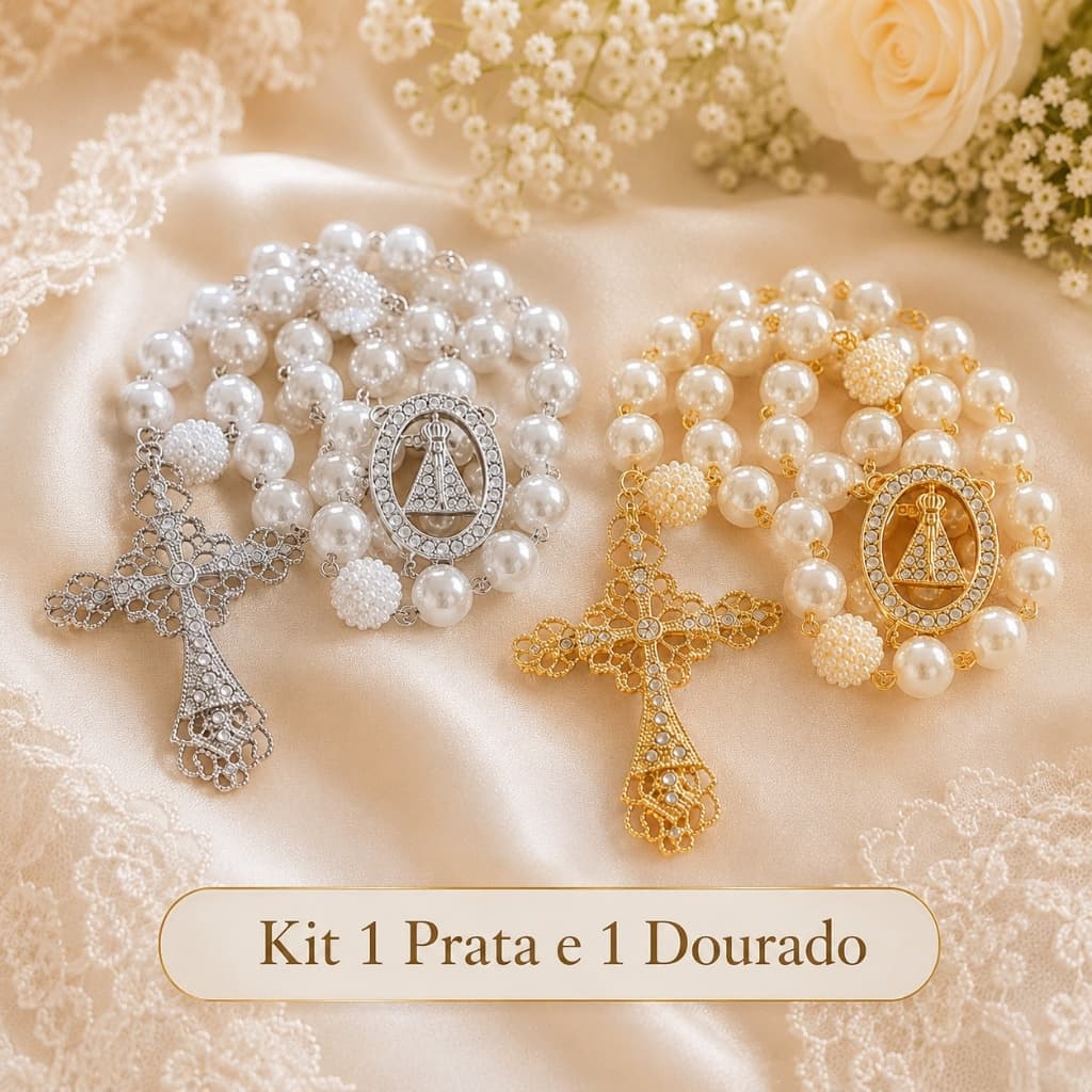 Terço Dourado Prata Luxo Noivas Casamento Rosário Nossa Senhora Aparecida Pérolas Brilhante Presente Religioso Un ou Kit