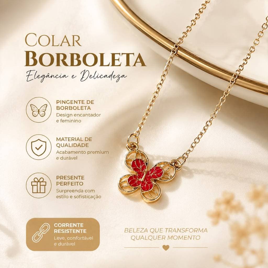 Colar Feminino Borboleta Esmaltada Corrente Ajustável 45cm Dourado Delicado Elegante Presente para Mulher