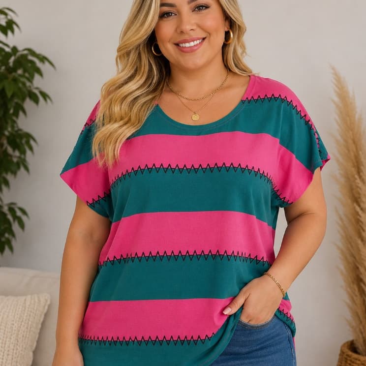 Blusa Feminina Plus Size Malha Listrado Verão Importado Moda Verão 2536