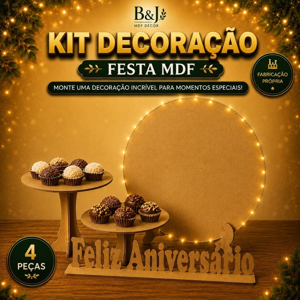 Kit Decoração Mesa Festa MDF 4 Peças Feliz Aniversário 2 Boleiras Painel Redondo Cenários Decoração Aniversário Eventos
