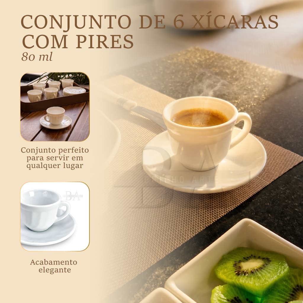 Kit 6 Xícaras Para Café Pequena 80ml C/ Pires Branca Louça Premium Servir Mesa Posta Jogos Xícara Cafezinho Café Curto