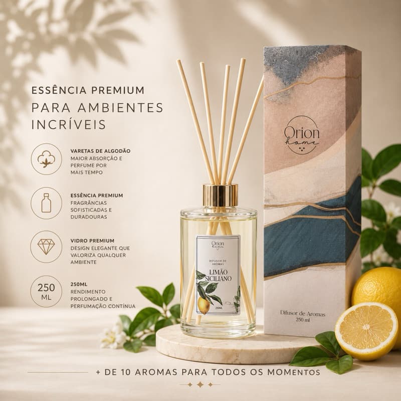 Difusor de Aromas 250ml Aromatizador de Ambiente Premium Varetas de Fibra Essência Concentrada