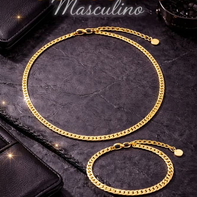 Kit Corrente + Pulseira Masculina Inspiração Grife em Aço Inoxidavel 316L Dourada 70/ 60 cm