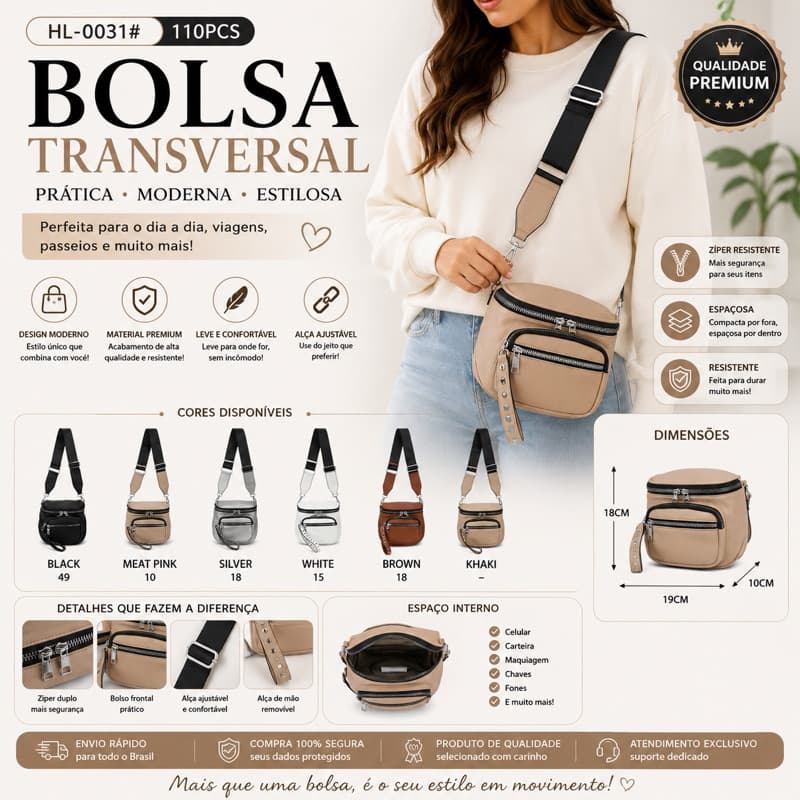 Bolsa Transversal Feminina Premium com Alça Larga Ajustável | Compacta, Moderna e Espaçosa | HL-0031#