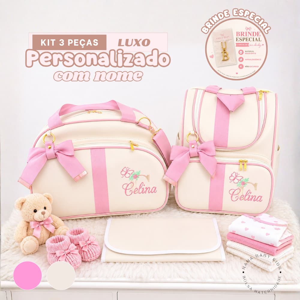 Kit maternidade 3 peças bordado personalizado com nome (GANHA UM CHAVEIRO DE BRINDE)