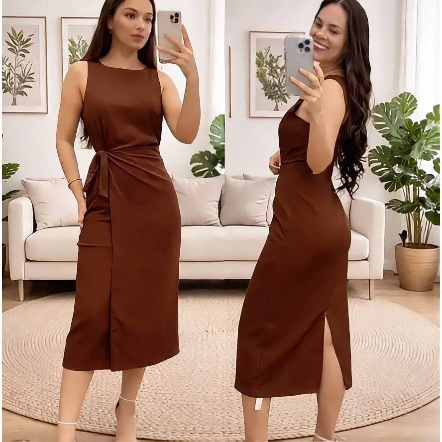 Vestido Midi Alfaiataria Feminina Elegante com Amarração e Fenda Lateral