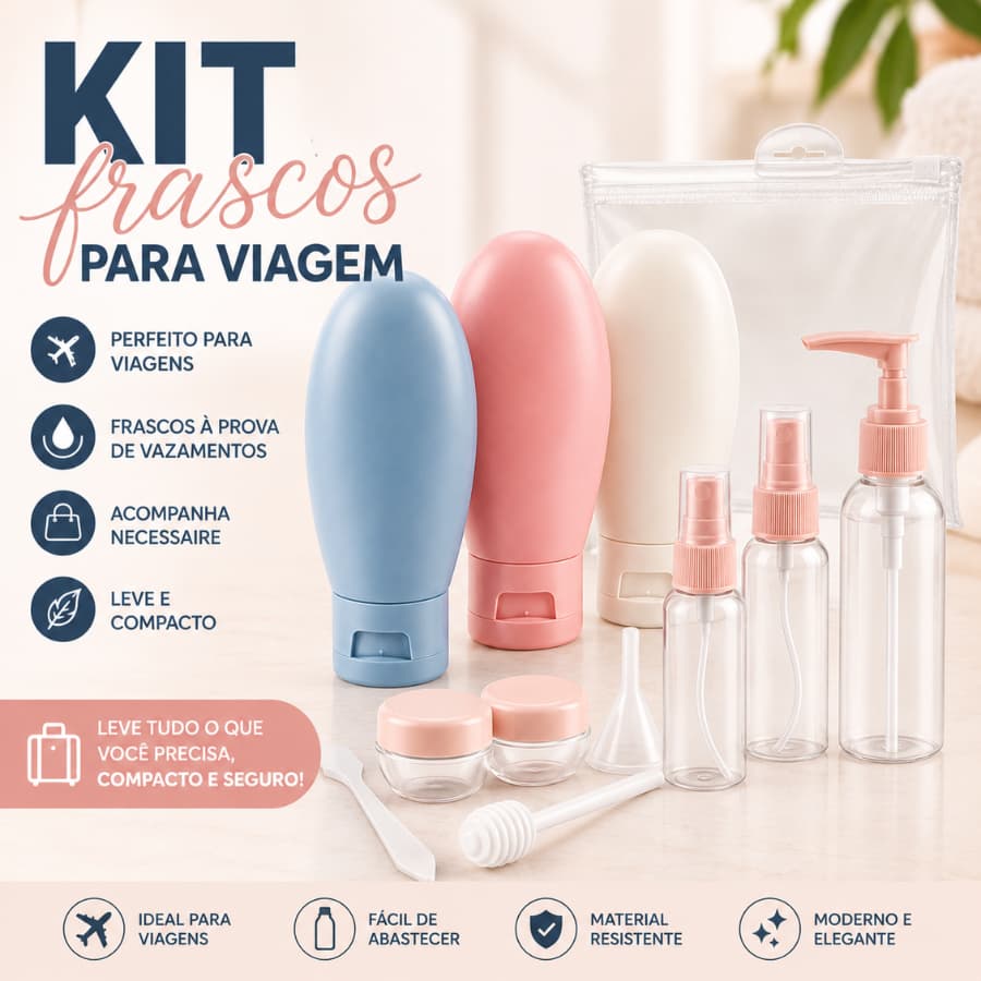 Kit Frascos Para Viagem Porta Cosméticos Shampoo Condicionador Creme Silicone Necessaire Completo