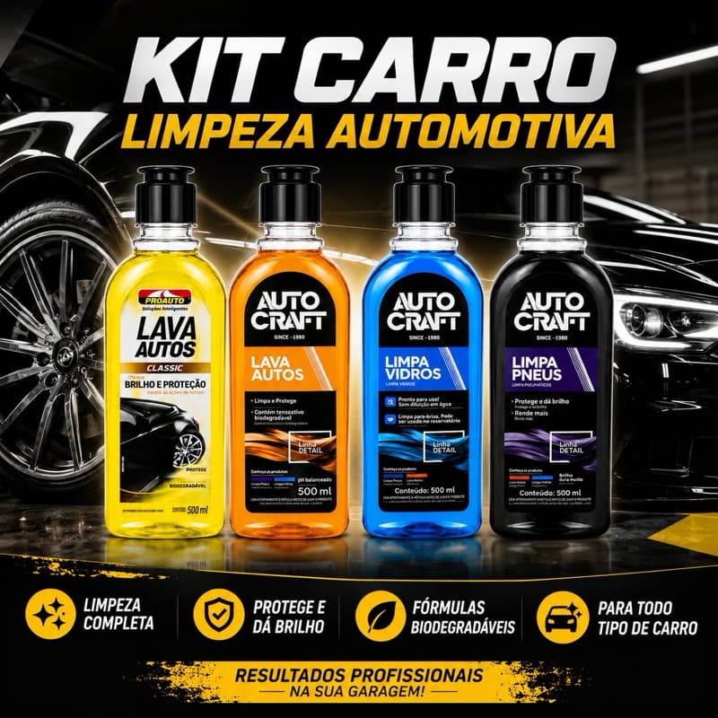 Kit Limpeza para Carro 4 Produtos Lava Autos Limpa Vidros Pretinho de Pneu e Shampoo Automotivo 500ml