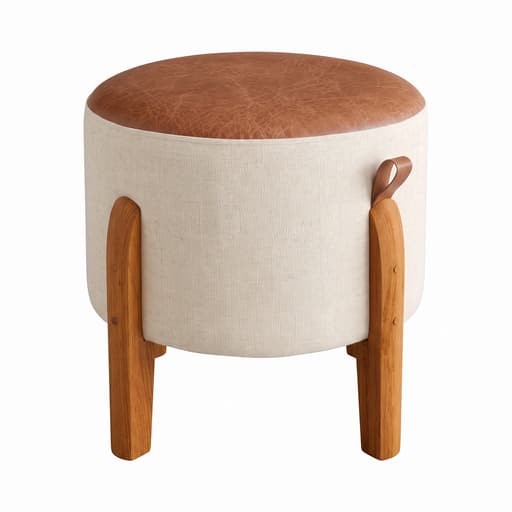 Kit 2 Puff Redondo Bege e Marrom Luma Linho Couro Sintético 45x32x32cm Assento Decorativo até 120kg