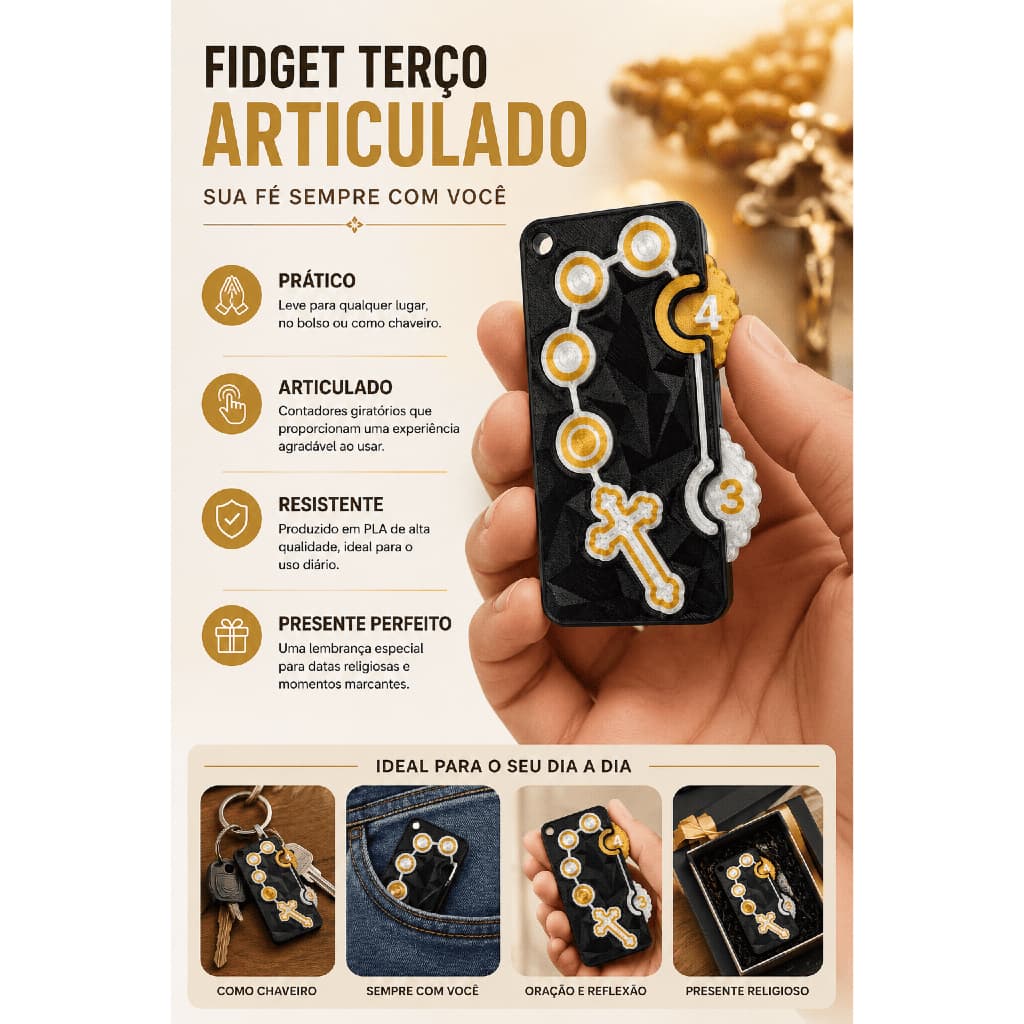 Terço Articulado Chaveiro Contador de Terço Católico Mini Rosário de Bolso Presente Religioso