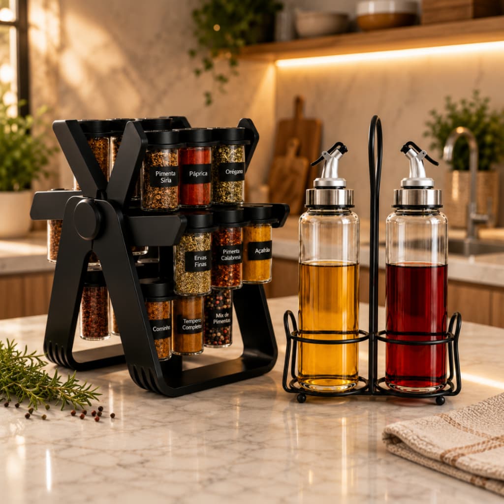 Kit Porta Temperos Giratório 12 Potes + Galheteiro 2 Frascos de Vidro com Bico Dosador
