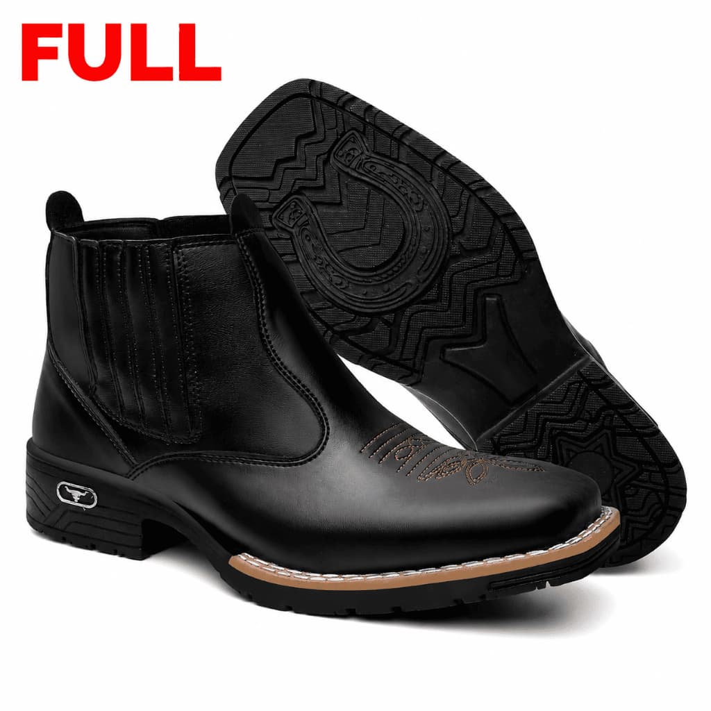Botina Unisex Bico quadrado Texana Couro Sintetico super confortavel Solado Costurado
