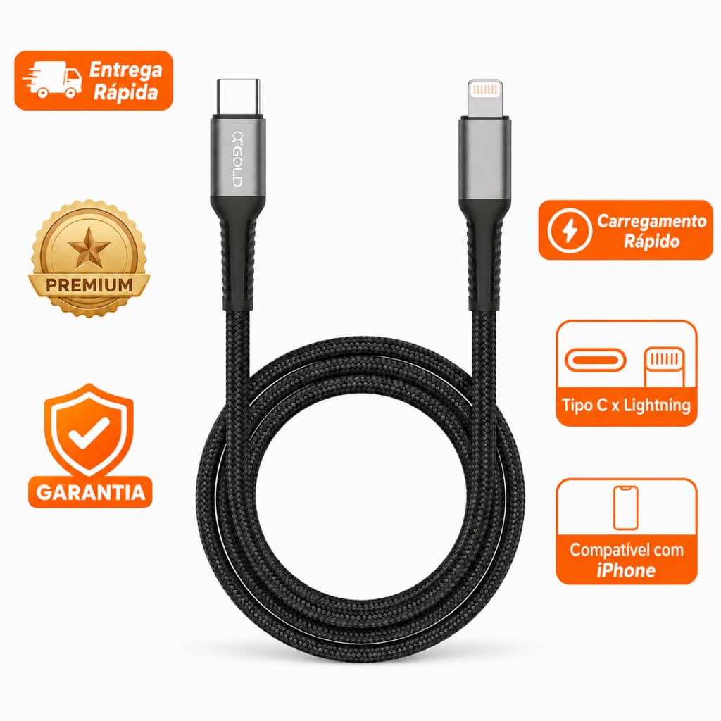 Cabo Tipo C Lightning Turbo 30W Cabo PD Para iPhone A’Gold 1 Metro Carregamento Rápido