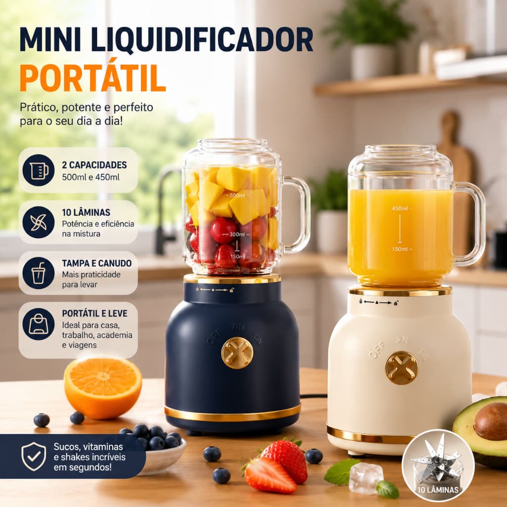 Mini Liquidificador Portátil USB Recarregável 10 Lâminas Copos 500ml e 450ml com Tampa e Canudo