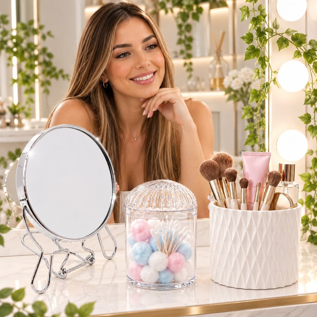 Kit Organizador de Maquiagem com Espelho de Mesa, Porta Algodão e Porta Pincéis – Elegância e Organização para Bancada