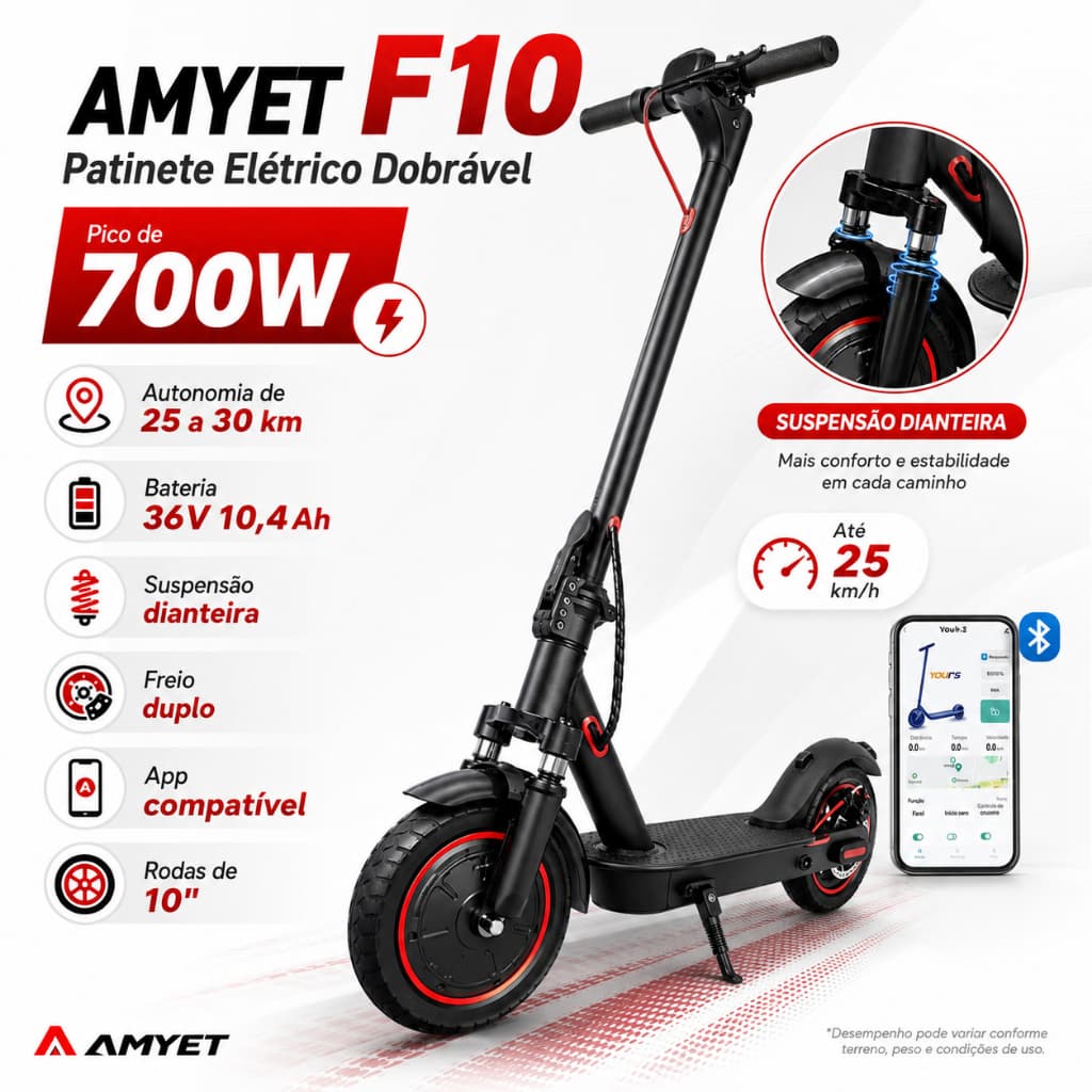Patinete Elétrico Adulto AMYET F10 700W 36V 10,4Ah Dobrável 10 Pol com App Freio Duplo 30km/h