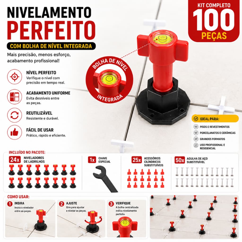Kit 24 Nivelador de Rosca Reutilizável Espaçador Azulejo Piso Porcelanato com cabeça de nível de bolha+Chave especial