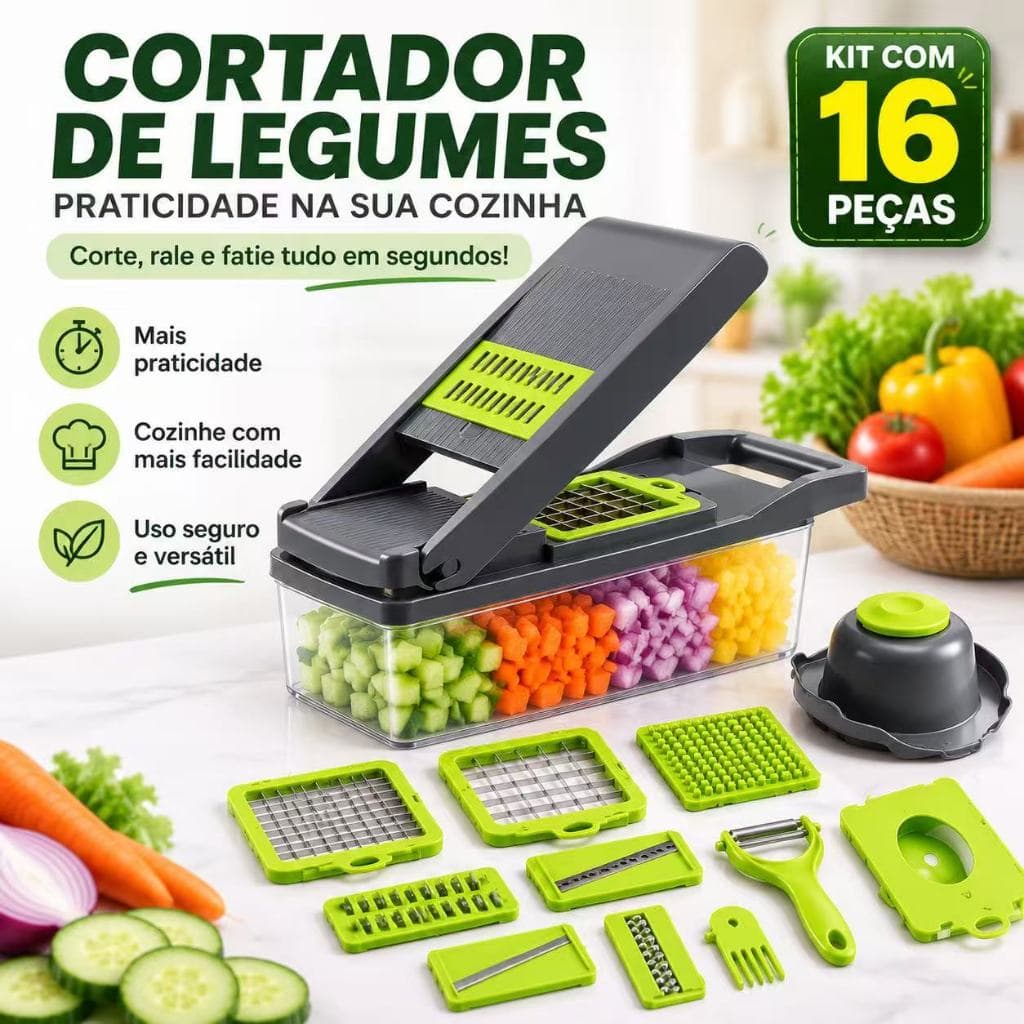 Cortador de Legumes Multifuncional 16 em 1 Fatiador Ralador Picador de Legumes Frutas Cebola Batata Aço Inoxidável
