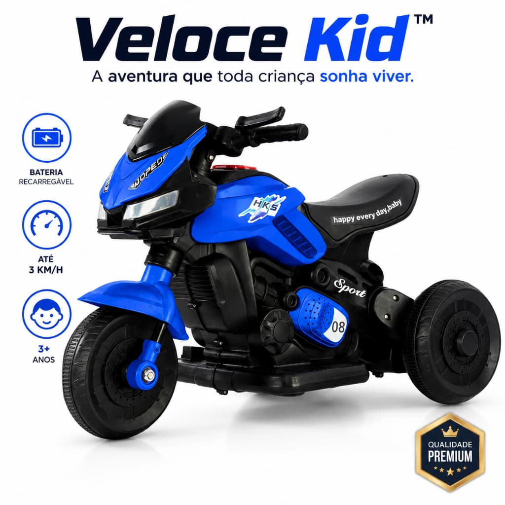 Moto Elétrica Infantil 6V Recarregável Veloce Kid Azul 3 Rodas Até 30kg 3 Anos+