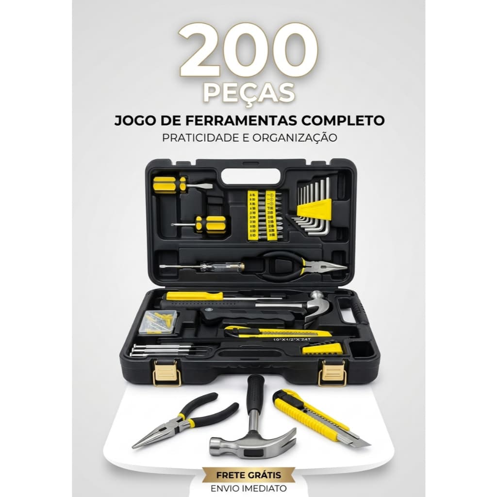 Kit Jogo De Ferramentas Completo 200 Pcs C/Soquetes Chaves Maleta resistente multiuso martelo fenda philips alicate