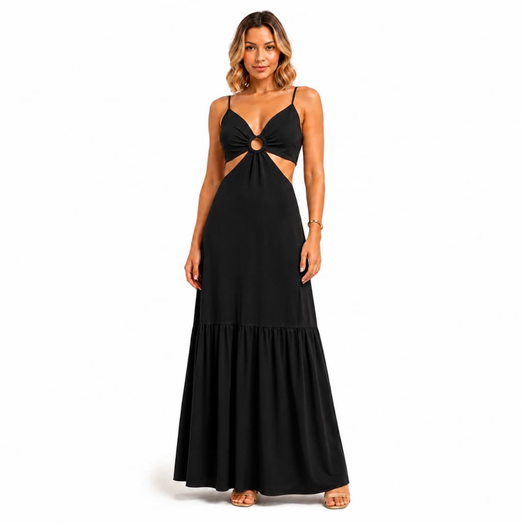 Vestido Longo Feminino Alça Regulável Recorte Moderno Elegância C/Bojo Estilo Gringa 2025