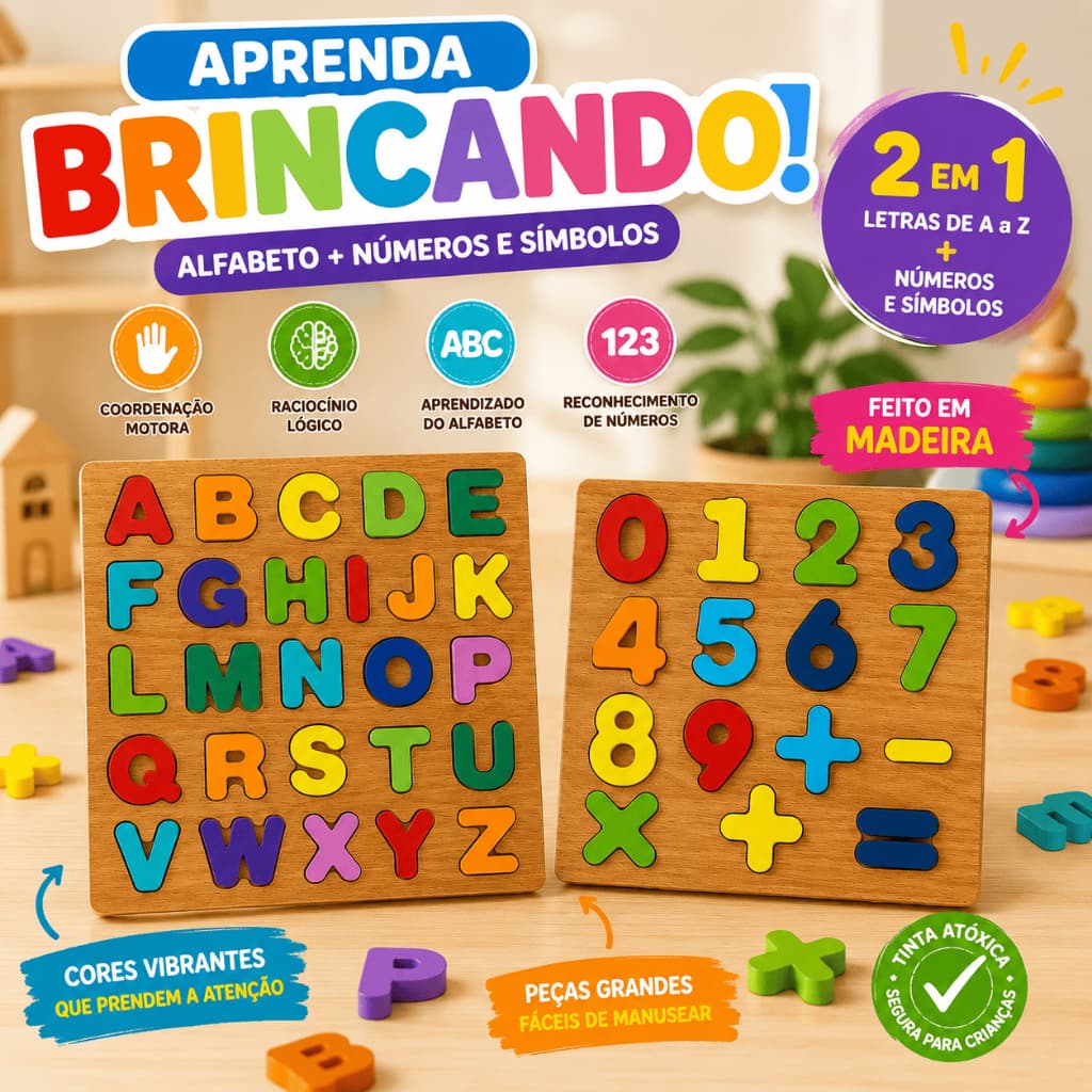 Brinquedo Educativo Quebra-Cabeça de Madeira Infantil Alfabeto Números Coloridos Brinquedo Pedagógico