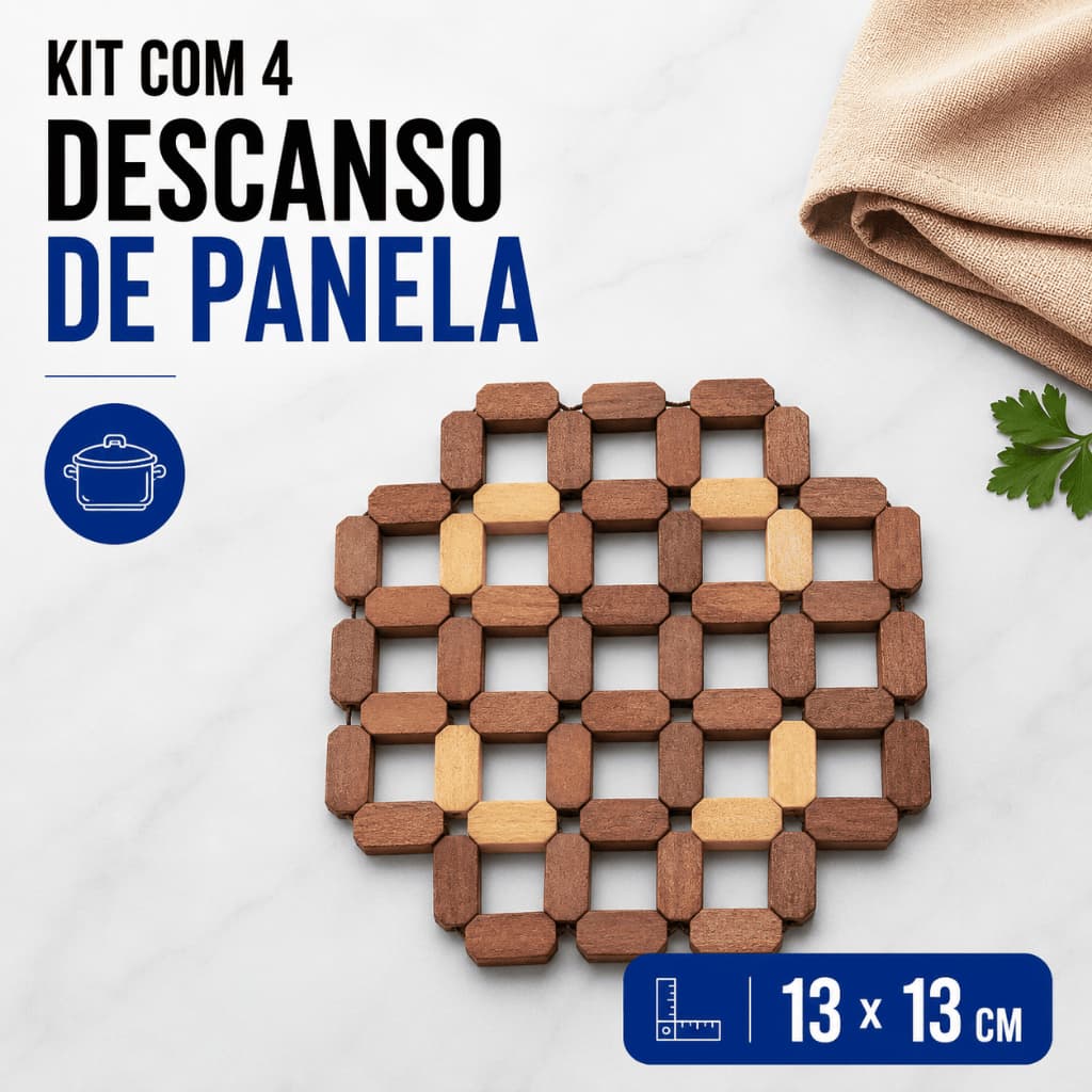 Kit 4 Descansos de Panela em Madeira de Bambu 13x13cm Redondo Apoio Protetor de Mesa Cozinha