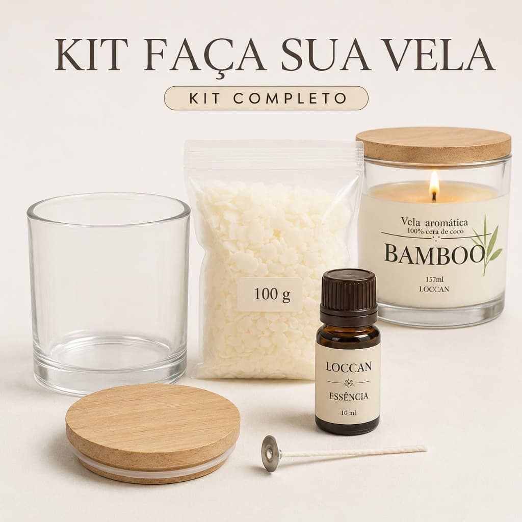 Kit Monte Sua Vela Loccan 100g Cera 1 Essência Pavio Frasco e Tampa a Pronta Entrega