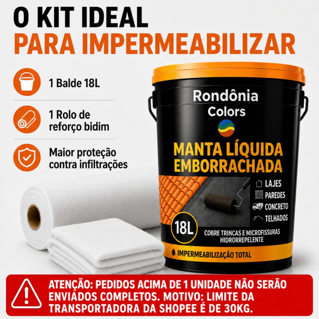 Kit Tinta emborrachada 18kg + 30m² manta bidim contra infiltração impermeabilizante líquido telhado
